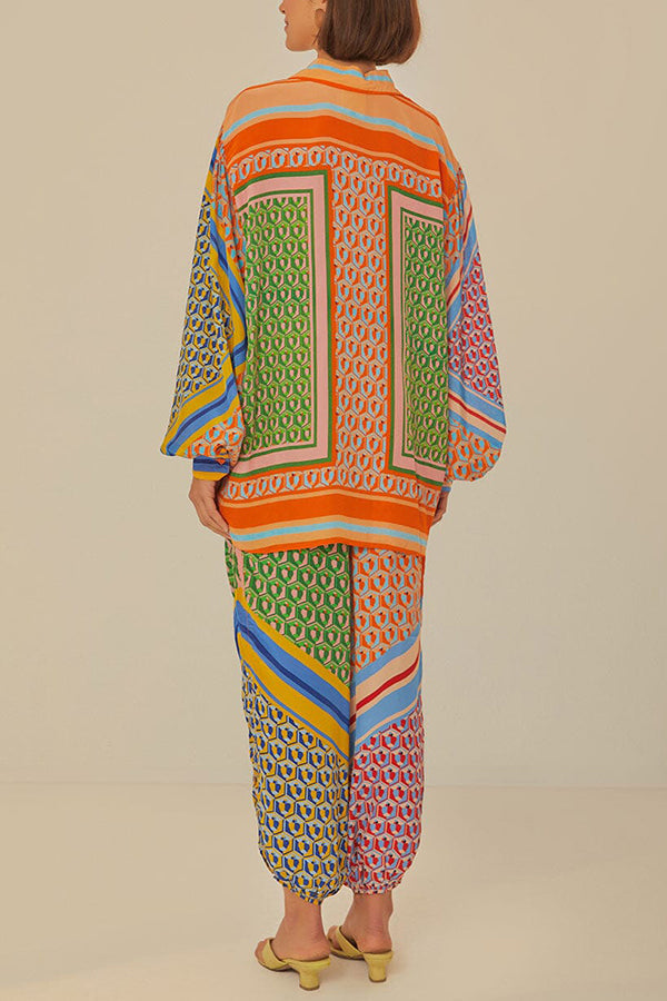 Brazil's Joyful Spirit Colorful Unique Print Balloon Sleeve Button Loose Shirt-consonak