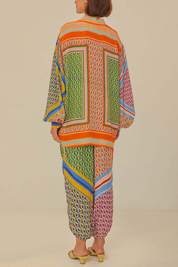 Brazil's Joyful Spirit Colorful Unique Print Elastic Waist Pocketed Loose Bloomer Pants-consonak