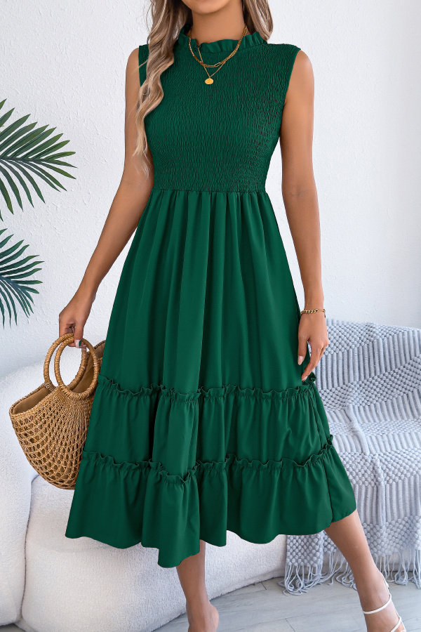 Solid Color Sleeveless Tucked Patchwork Casual Midi Dress-consonak