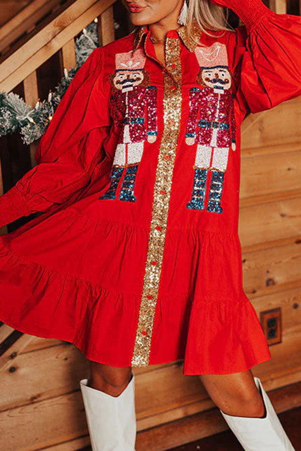 Nutcracker Sequined Button Down Long Sleeve Mini Dress-consonak