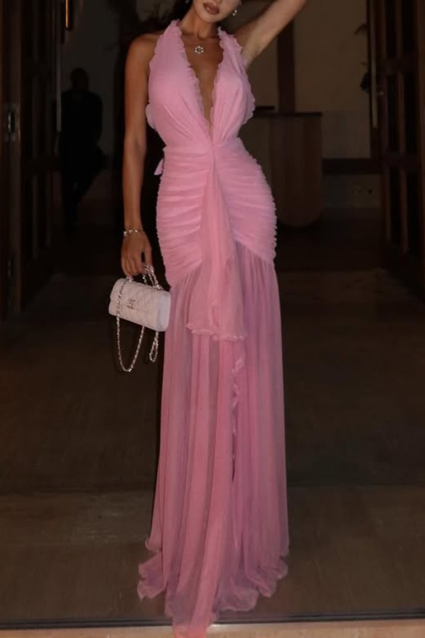 Elegant V-neck Sleeveless Pleated Ribbon Mesh Hem Maxi Dress-consonak