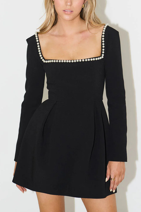 You'll Remember Me Pearl Embellished Square Neck Long Sleeve Mini Dress-consonak