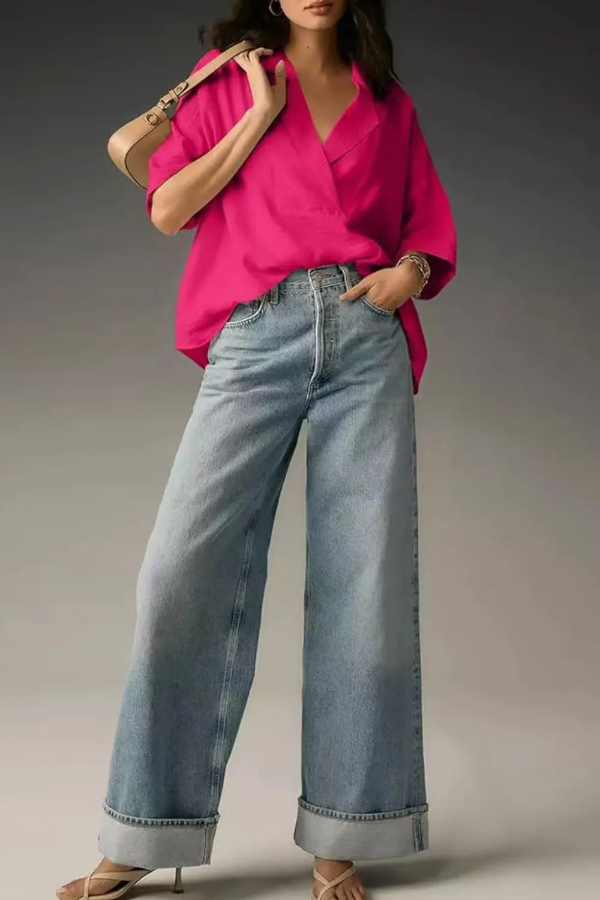 Solid Color Loose Lapel Short-sleeved Casual Shirt-consonak