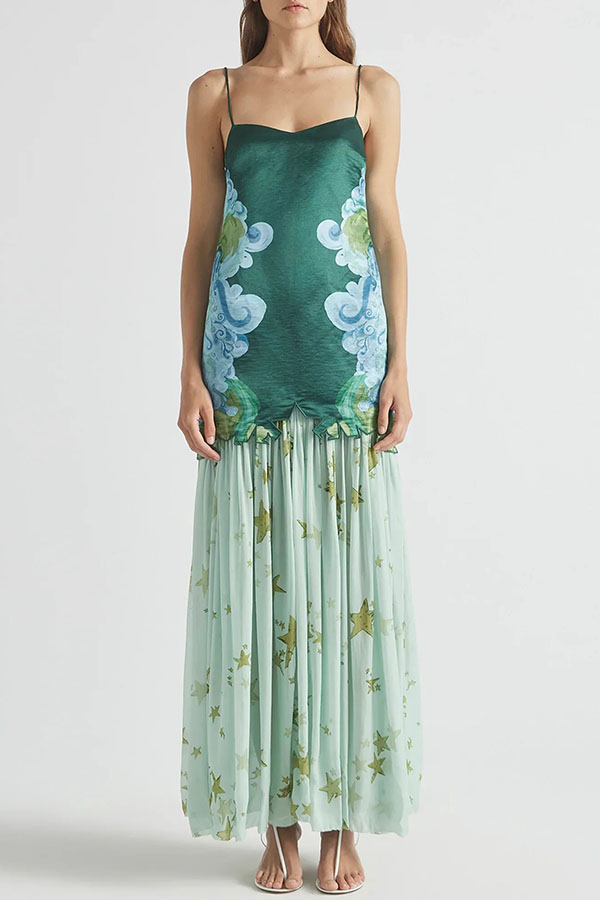 Fresh Bloom Unique Print Satin and Pleated Tulle Hem Slip Maxi Dress