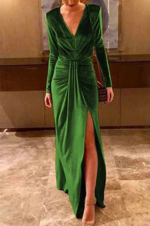 Solid Color Velvet V-neck Long Sleeve Elegant Slit Maxi Dress-consonak