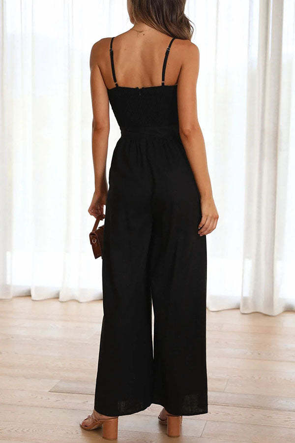 Vrinda Pocketed Adjustable Tie Smocked Back Jumpsuit-consonak