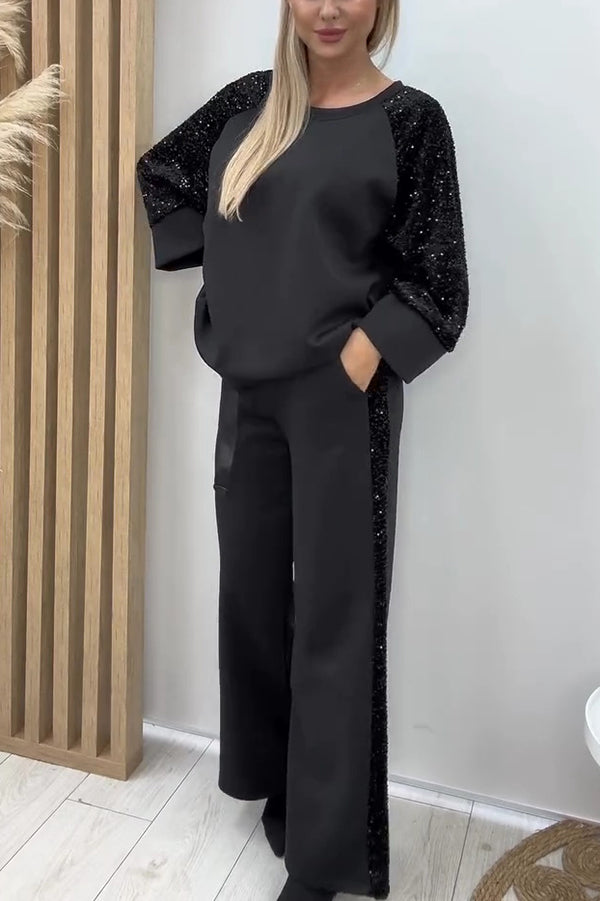 Stylish Sequined Loose-fitting Crew Neck Top and Casual Pocket Wide-leg Pants Set-consonak