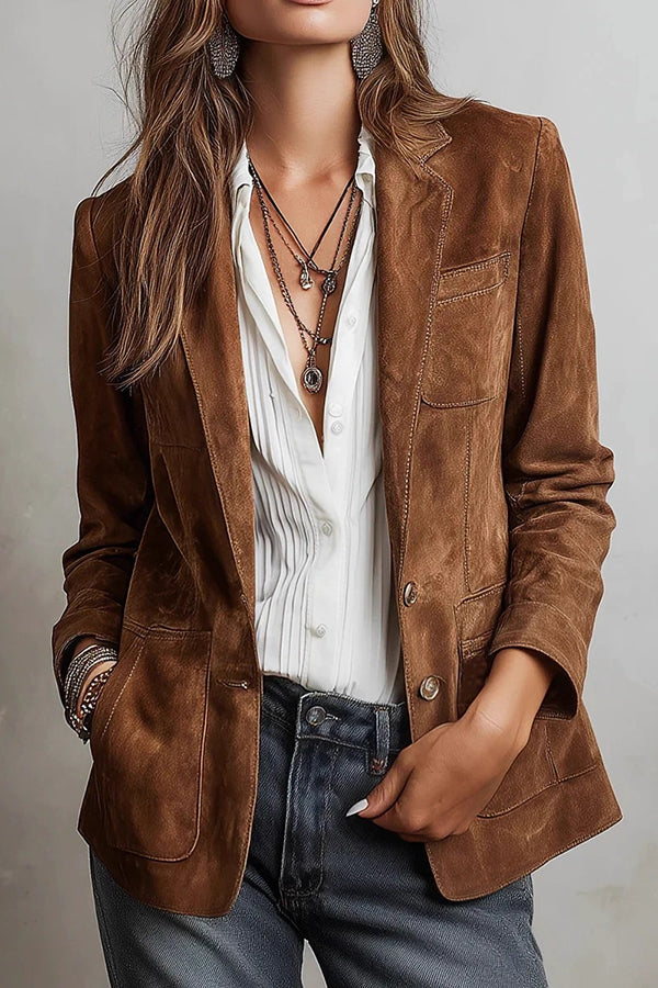 Stylish Suede Lapel Long-sleeved Casual Button-down Jacket-consonak