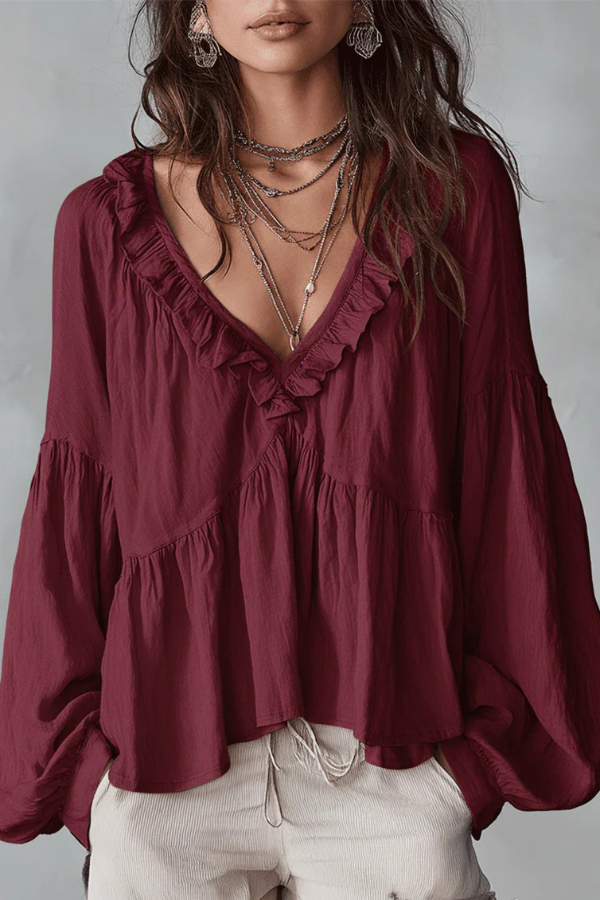 Solid Color V-neck Ruffled Puff Sleeve Loose Casual Top | Consonak