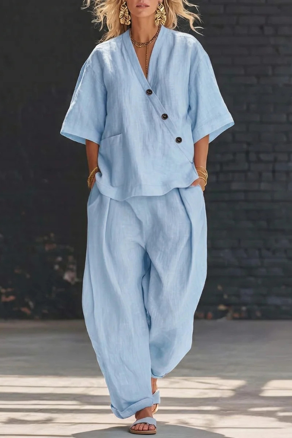 Linen Blend Solid Color V-neck Short-sleeved Loose Top and Elastic Waist Pocket Casual Pants Set