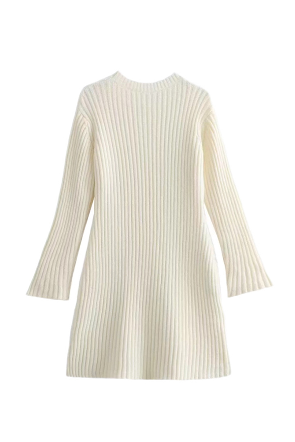 Beautiful Basic Ribbed Knit Long Slit Sleeve Flare Stretch Dress-consonak