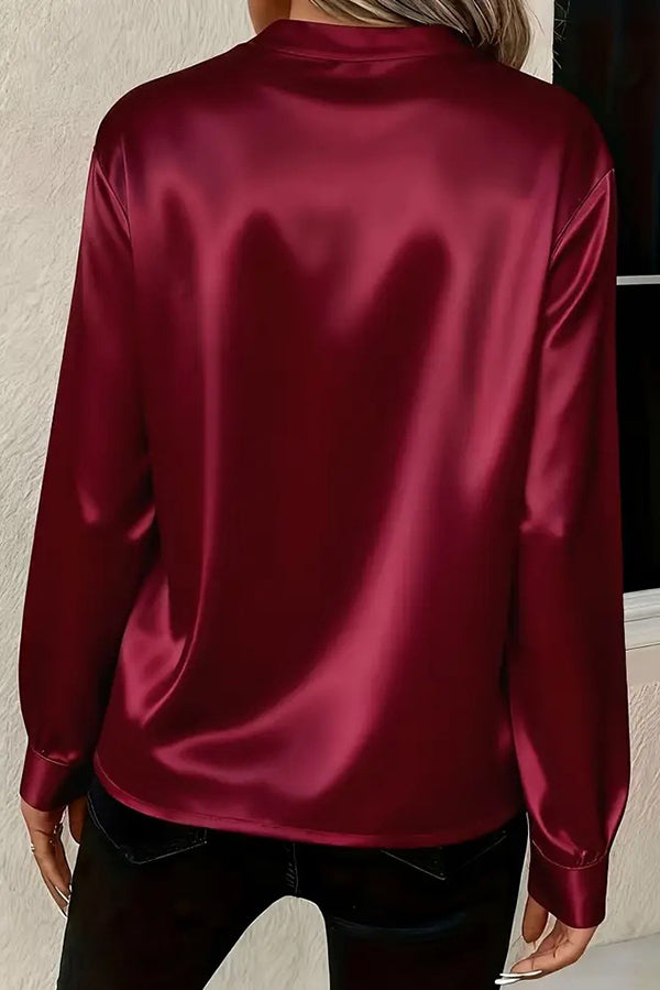 Solid Color Satin Loose V-neck Long-sleeved Casual Shirt-consonak