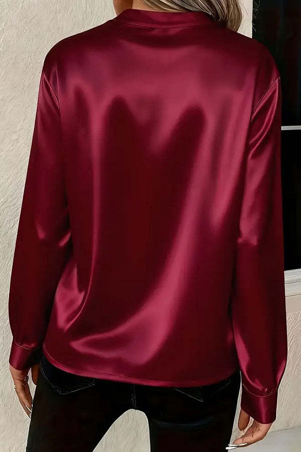 Solid Color Satin Loose V-neck Long-sleeved Casual Shirt-consonak