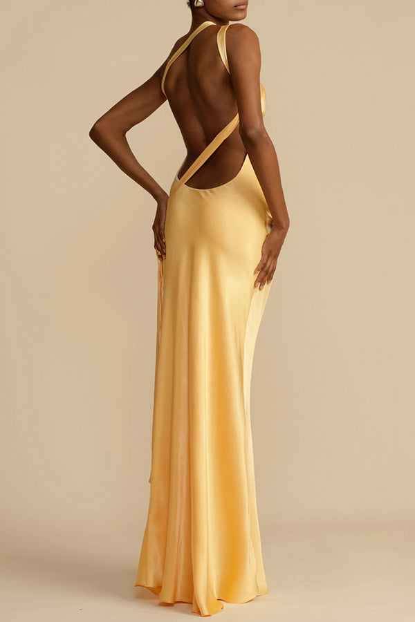 Moonlit Soiree Satin Asymmetrical One Shoulder Backless Strap Maxi Dress | Consonak