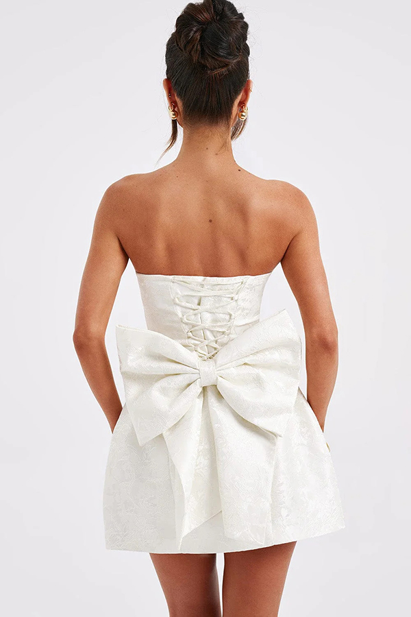 Palace Style Jacquard Fabric Off Shoulder Backless Lace-up Bow Mini Dress-consonak