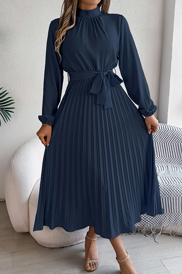Elegant Stand-collar Long-sleeve Waisted Tie-up Pleated Midi Dress-consonak