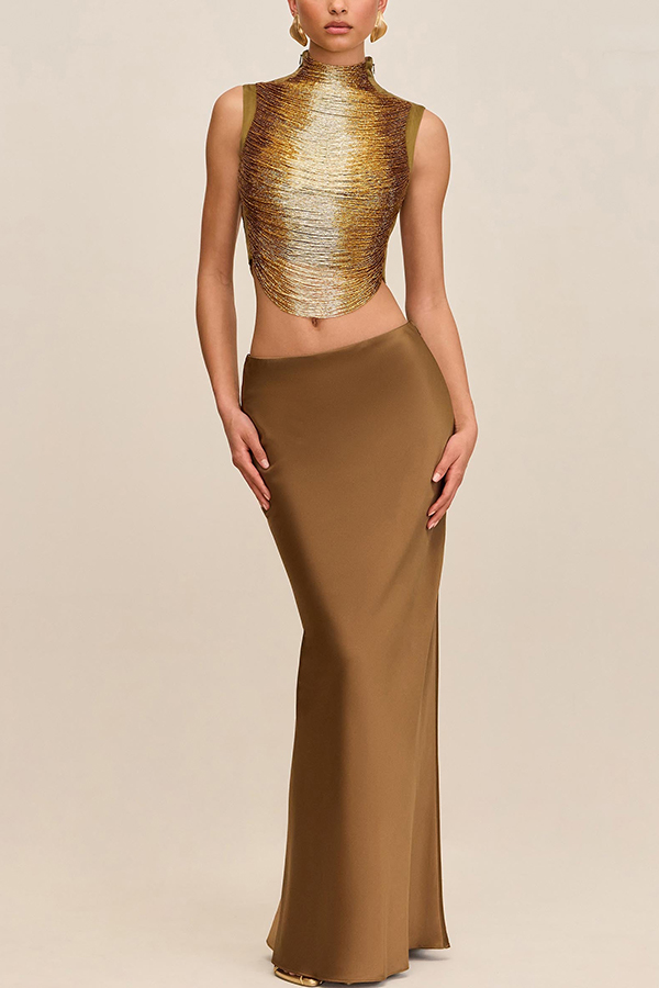 Keep Polished Satin High Rise Bias Cut Drape Maxi Skirt