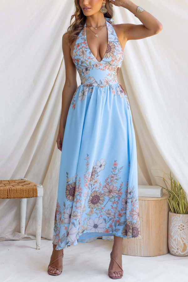 Sunflower Print V-neck Fitted Waist Elegant Maxi Dress