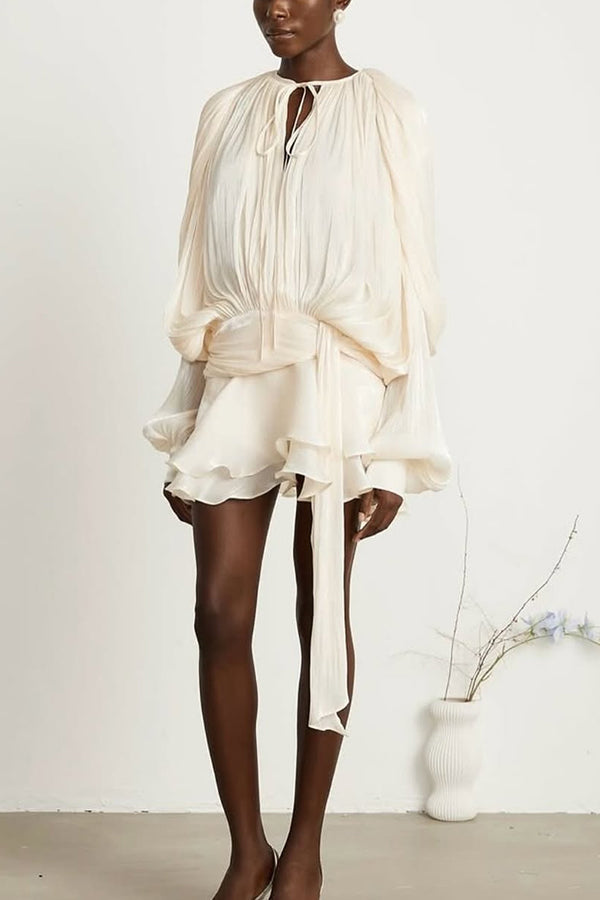 Solid Color Long-sleeved Belted Asymmetrical Mini Dress and Elastic Waist Casual Shorts Set-consonak