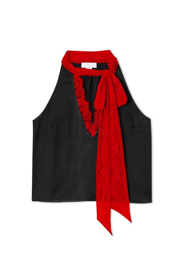 Sunday Social Contrast Color Satin Lace Trim Neck Strap Loose Tank | Consonak