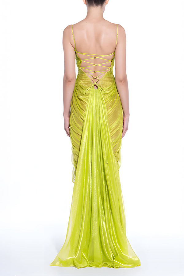 Victoria Shimmering and Flowing Pleated Fabric Back Lace-up Drape Maxi Dress-consonak