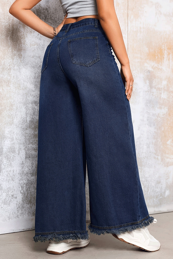 Stylish Loose-fitting Frayed Hem Casual Pocket Wide-leg Jeans