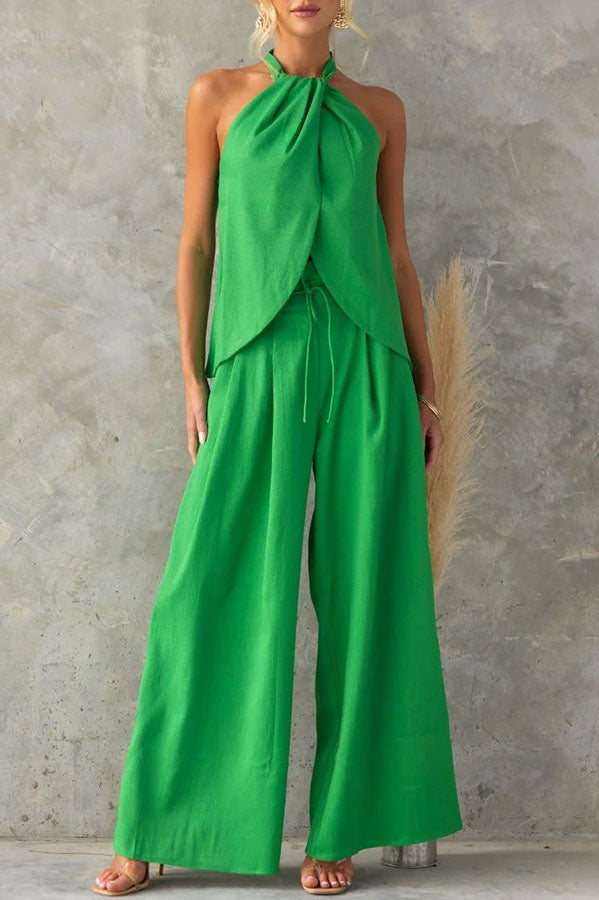 Gette Linen Blend Slit Front Top and High Rise Knoted Pocket Wide Leg Pants Set-consonak