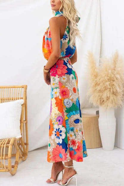 Land of Beauty Floral Print Halter Neck Elastic Waist Party Maxi Dress-consonak