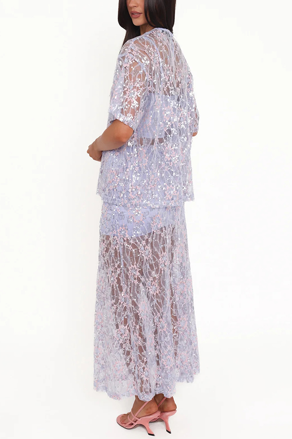 Catch The Light Sheer Sequin Lace High Rise Elastic Waist Maxi Skirt