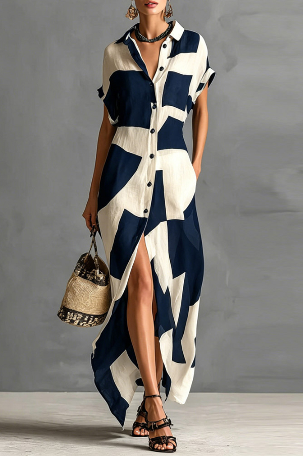 Geometric Color-blocked Print Lapel Short-sleeved Button-down Casual Maxi Dress