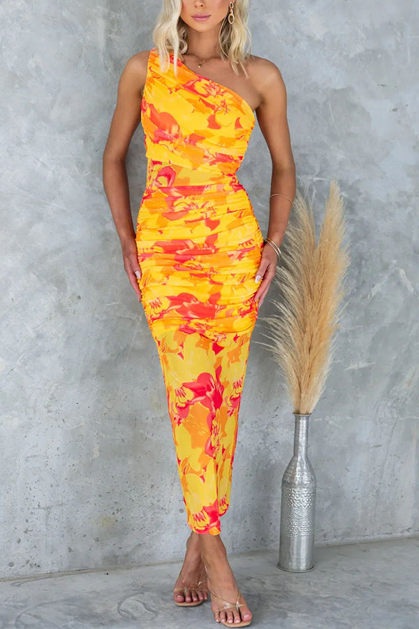 Night Blooms Mesh Overlay Printed One Shoulder Ruched Stretch Maxi Dress | Consonak