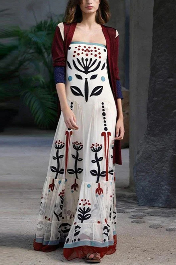 Botanical Print Chiffon Sling Backless Resort Maxi Dress-consonak