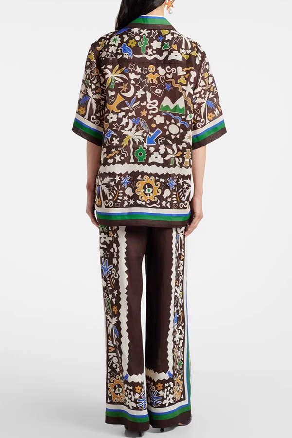 Antibes Satin Court Unique Printed Long Sleeve Loose Shirt and Elastic Waist Pants Set | Consonak