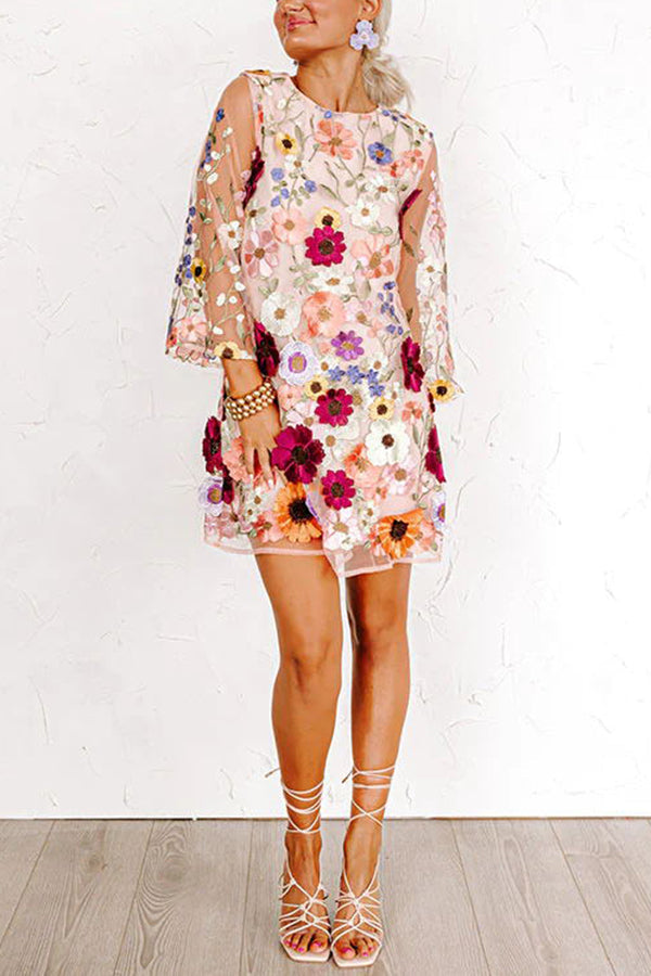 Dahlia Dreaming Embroidered Floral Applique Half Sleeve Mini Dress | Consonak