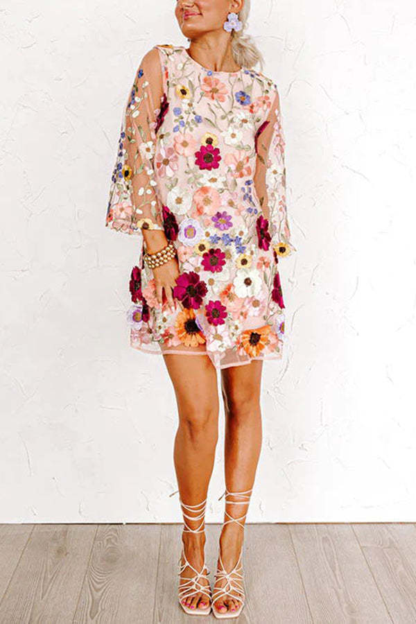 Dahlia Dreaming Embroidered Floral Applique Half Sleeve Mini Dress-consonak