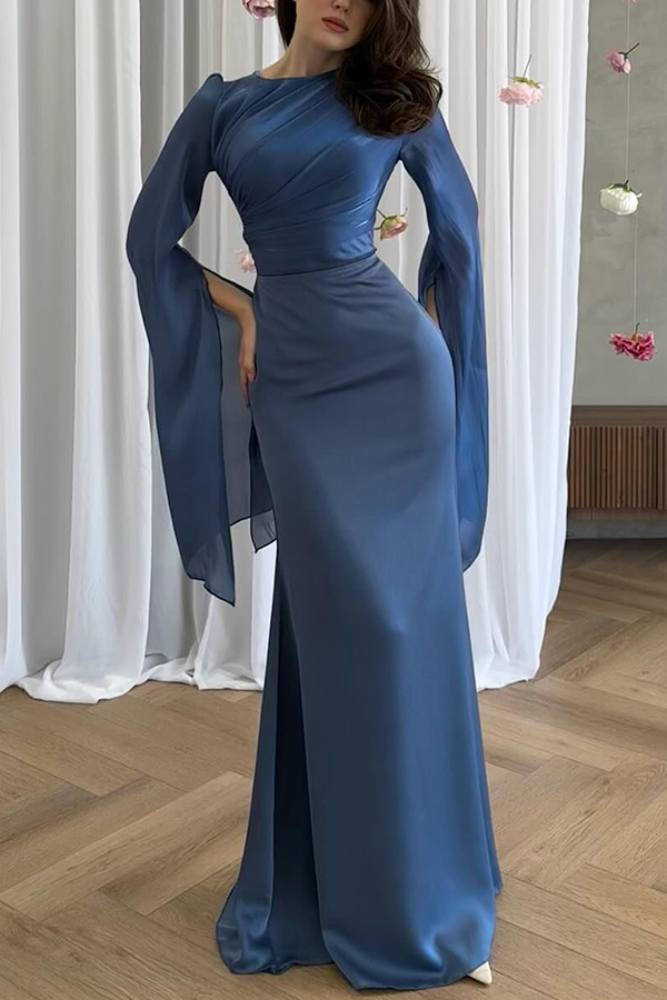 Liora Ruched Organza and Satin Patchwork Design Long Bell Slit Sleeve Maxi Dress | Consonak