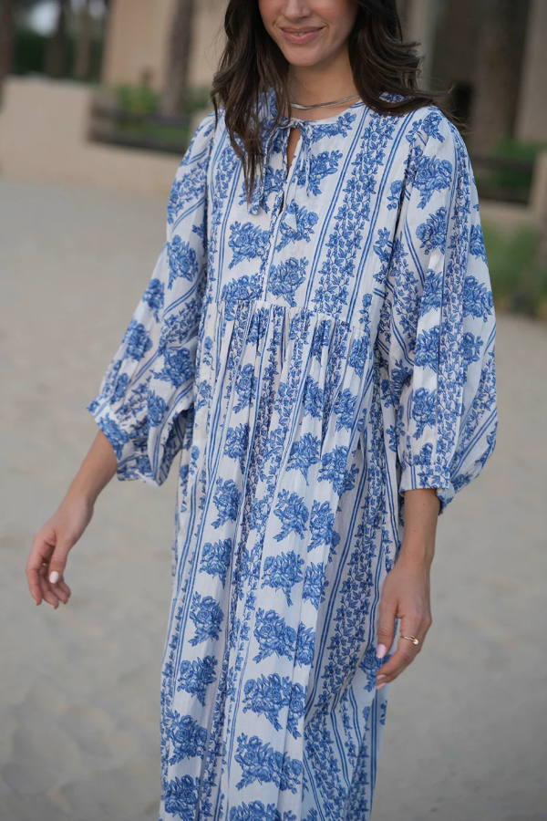 Botanical Print Loose-fitting Tie Casual Vacation Maxi Dress