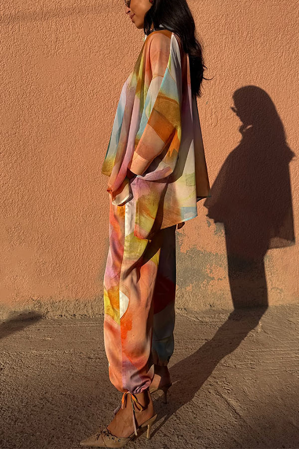 Vacation View Colorful Abstract Print Elastic Waist Pocket Loose Lantern Pants-consonak