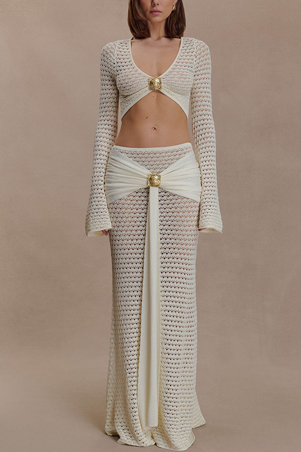 Mania Knit Hardware Detail Bell Sleeve Crop Top and Gathered Overlay Sash Stretch Maxi Skirt Set-consonak