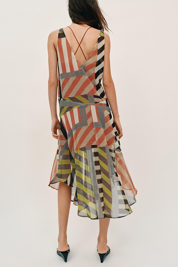Khloe Patchwork Striped Color Block Print Wide Straps Asymmetric Hem Drape Midi Dress-consonak