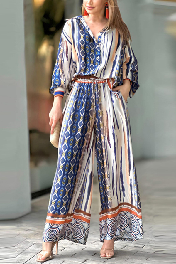 Unique Printed Long-sleeved Shirt Top and Elasticated Waist and Loose Pocket Pants Set-consonak