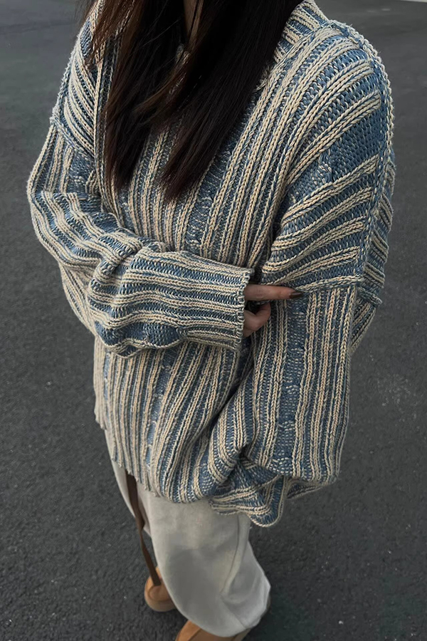Retro Contrast Striped Knitted Loose Sweater-consonak