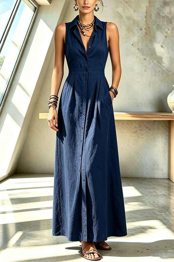 Casual and Stylish Solid Color Button Sleeveless Pocket Shirt Midi Dress-Consonak