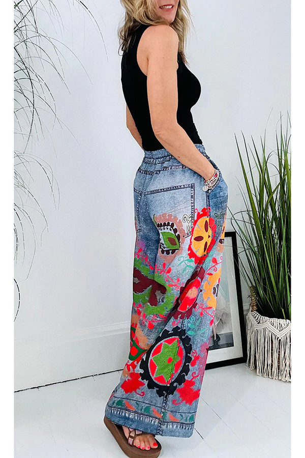 Hippie Style Unique Floral Denim Print Elastic Waist Pocketed Wide Leg Pants-consonak