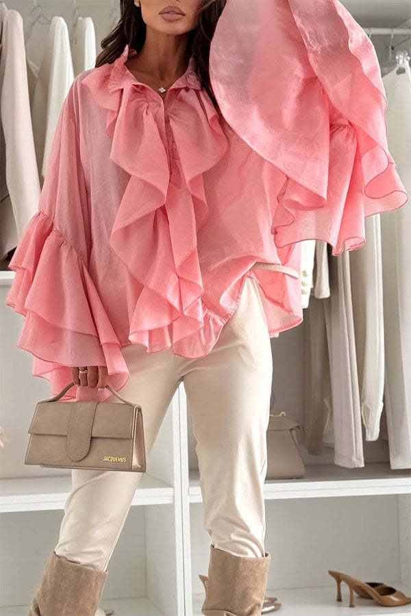 Breezy Touch Chiffon Layered Ruffles Long Bell Sleeve Button Up Loose Blouse-consonak