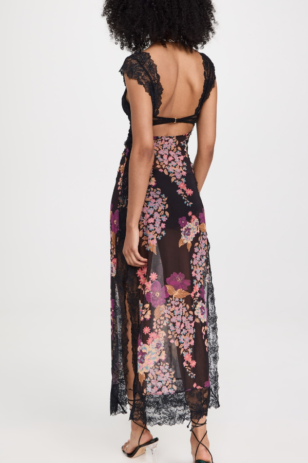 Floral Print Lace Patchwork Hollow-out Slim-fit Midi Dress-consonak