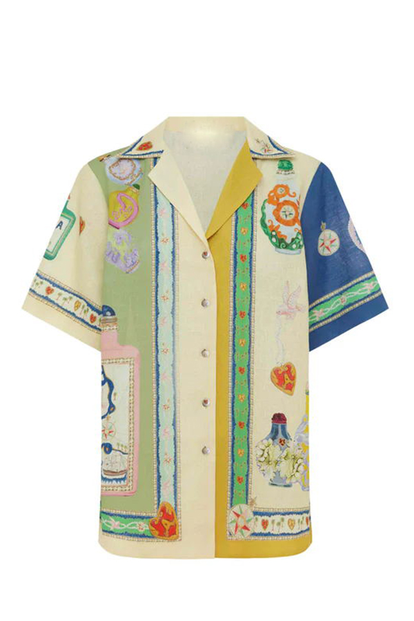 Creating Memories Linen Blend Unique Print Short Sleeve Button Oversized Blouse-consonak