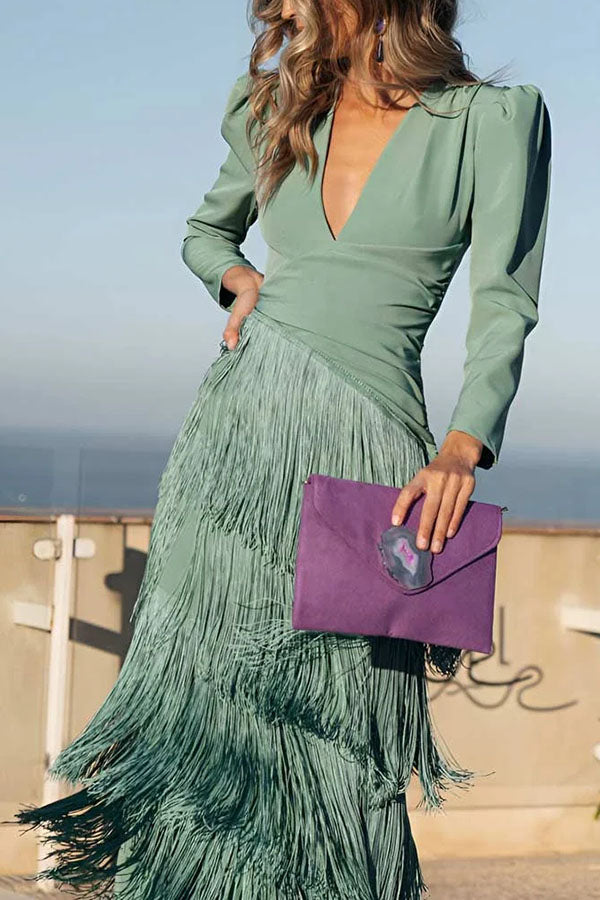 Elegant Night V-Neck Long Sleeve Layered Tassel Hem Maxi Dress-Consonak