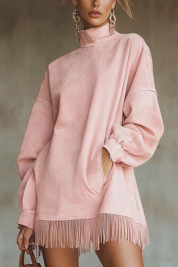 Stylish Suede High-neck Long-sleeved Loose-fitting Pockets Tassel Mini Dress-consonak