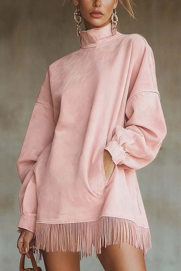 Stylish Suede High-neck Long-sleeved Loose-fitting Pockets Tassel Mini Dress-consonak